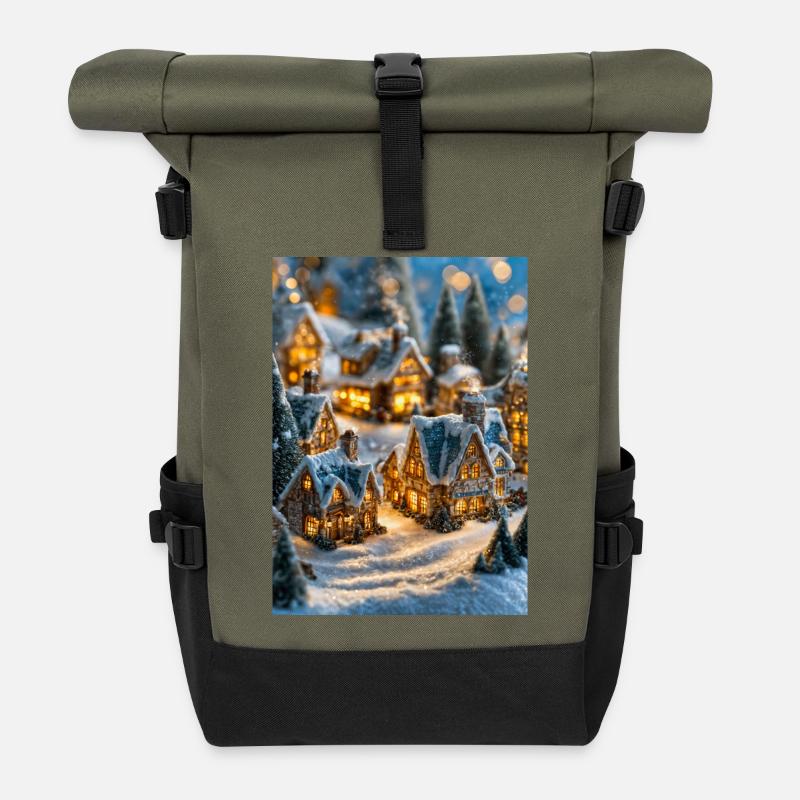 Gemütliches verschneites Dorf Winterglühen - Rolltop Rucksack - Olive/Schwarz