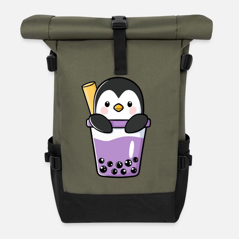 Kawaii Pinguin in Bubble Tea Taro Boba - Rolltop Rucksack - Olive/Schwarz
