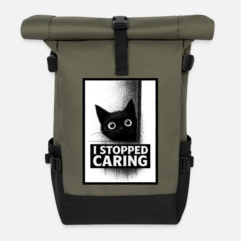 Stopped Caring Cat - Roll Top Backpack - olive/black