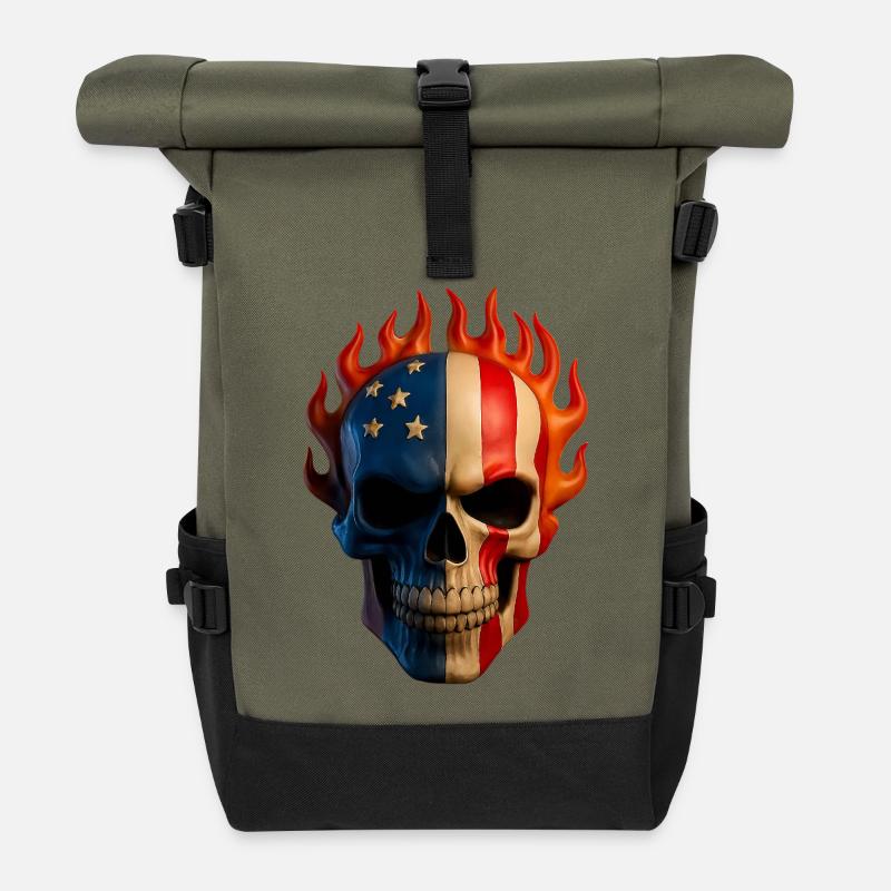 Flammende Flagge Schädel - Rolltop Rucksack - Olive/Schwarz