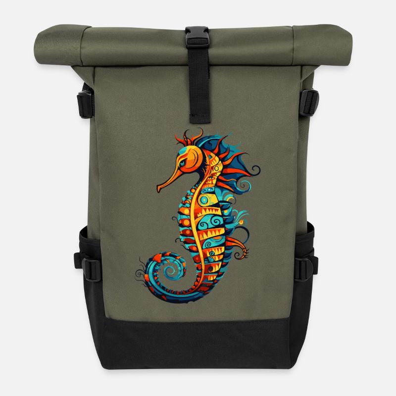  Seepferdchen Comic Seepferd - Rolltop Rucksack - Olive/Schwarz