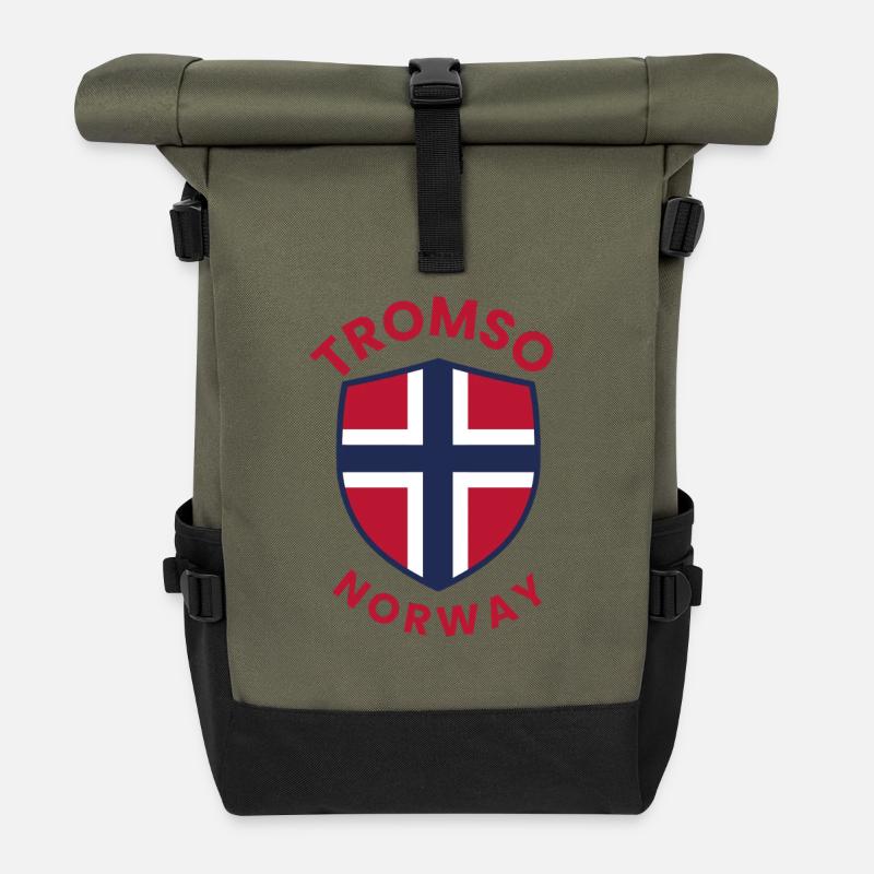 Tromsø-Schild: Norwegische Flagge - Rolltop Rucksack - Olive/Schwarz