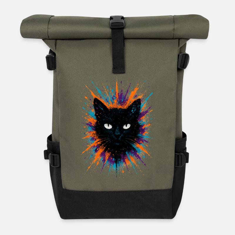 Black Cat Watercolor Splash Art - Roll Top Backpack - olive/black