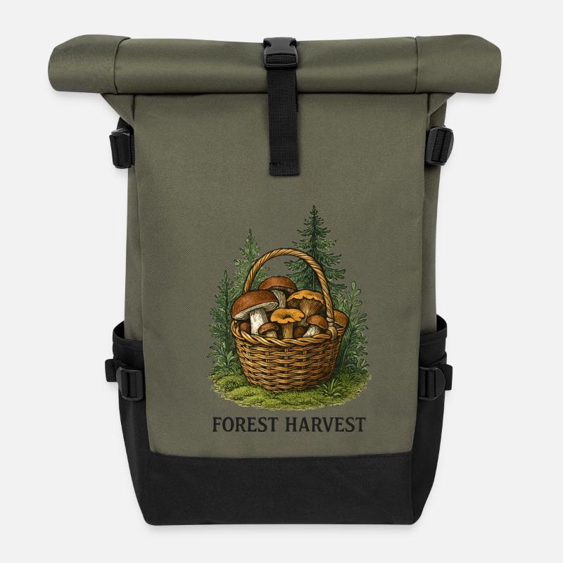 Forest Harvest Basket with Mushrooms - Roll Top Backpack - olive/black