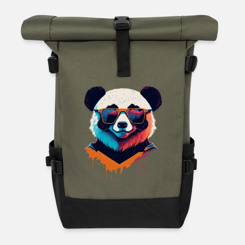 Panda Power: Retro Panda T-Shirt - Roll Top Backpack - olive/black