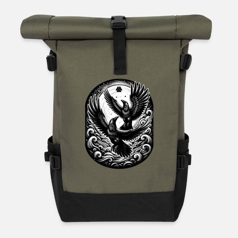 Wikinger, Raben, Hugin, Munin - Rolltop Rucksack - Olive/Schwarz