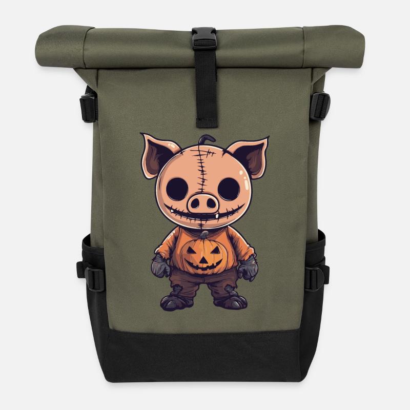 Schwein Halloween Comic Lustig - Rolltop Rucksack - Olive/Schwarz