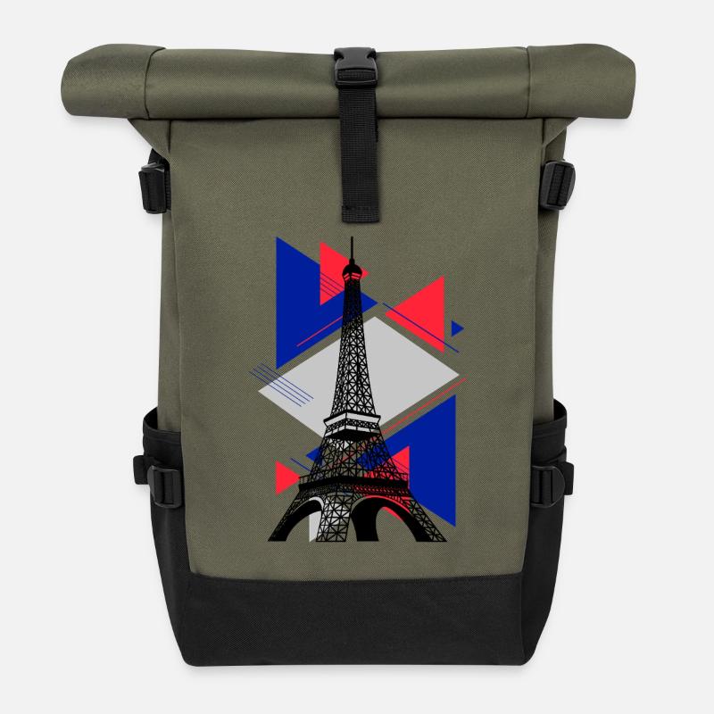 Paris Eiffelturm Frankreich Stadt Skyline Kunst - Rolltop Rucksack - Olive/Schwarz