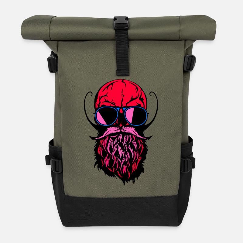 Kopf des Totenkopfhippie-Kranichbart-Bartschnurrbartes - Rolltop Rucksack - Olive/Schwarz