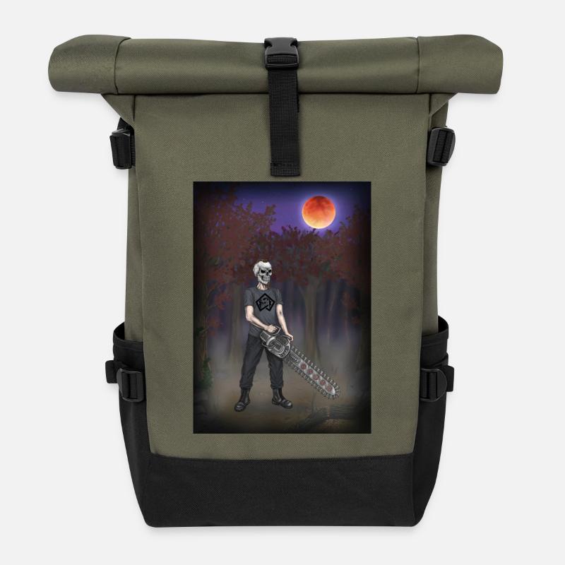 Forest worker, forester, chainsaw, full moon - Roll Top Backpack - olive/black