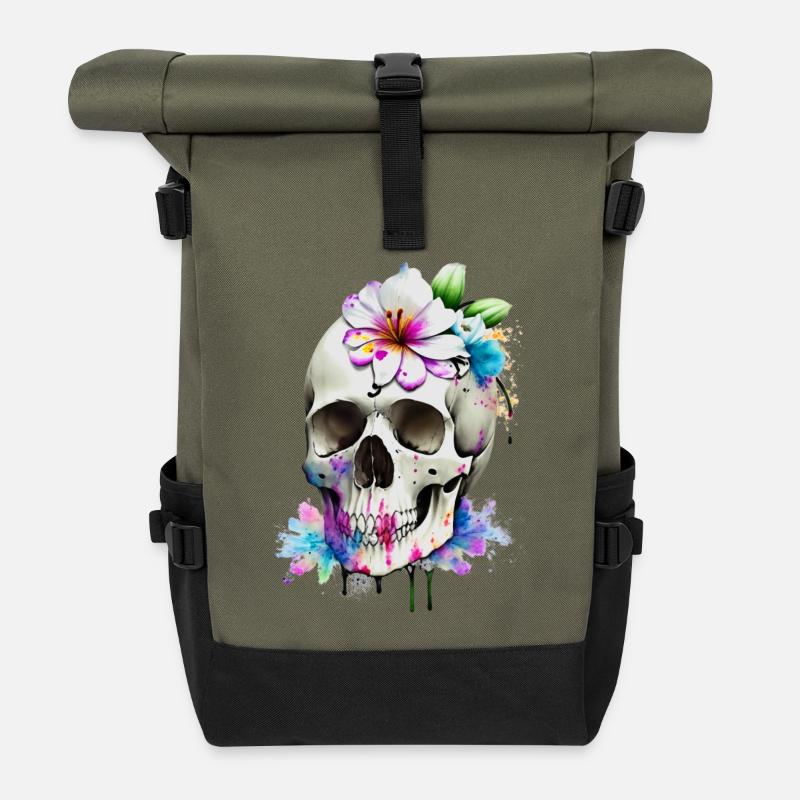 Schädel mit Lilien - Rolltop Rucksack - Olive/Schwarz