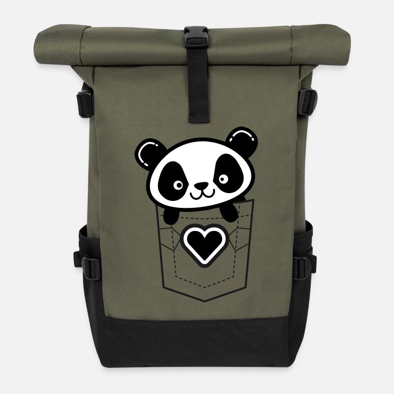 Panda in der Tasche mit Herz-Emblem - Rolltop Rucksack - Olive/Schwarz