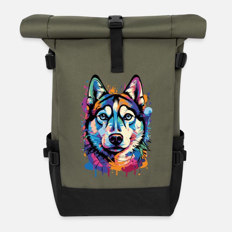 Husky Farbenfroh - Husky Hund - Bunter Husky - Rolltop Rucksack - Olive/Schwarz