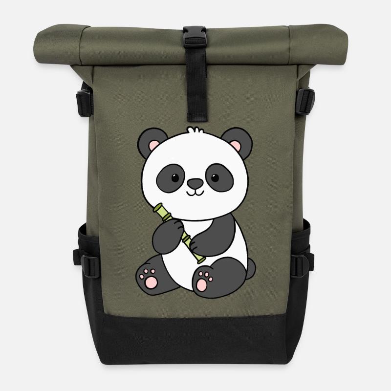 Panda Panda Bear - Roll Top Backpack - olive/black