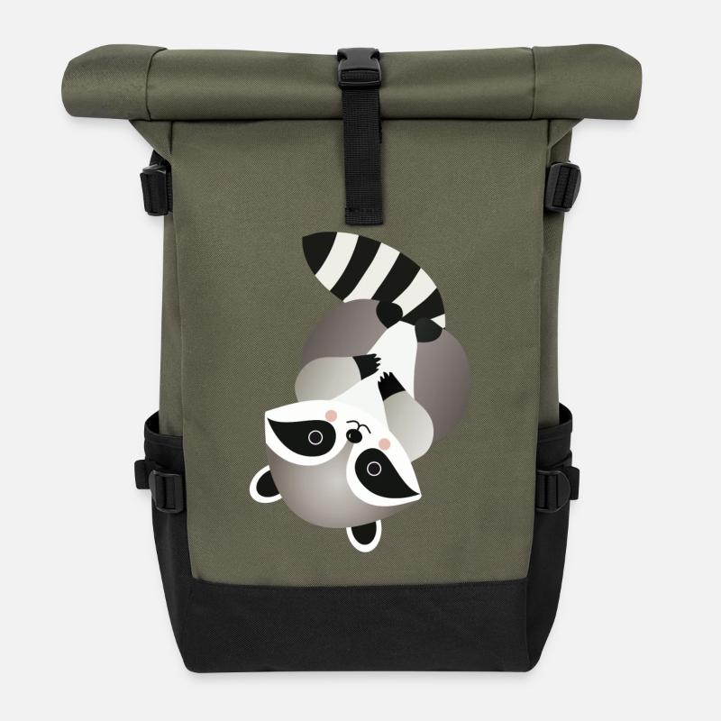 Raton laveur joyeux dans une pose ludique - Sac à dos roll top - olive/noir