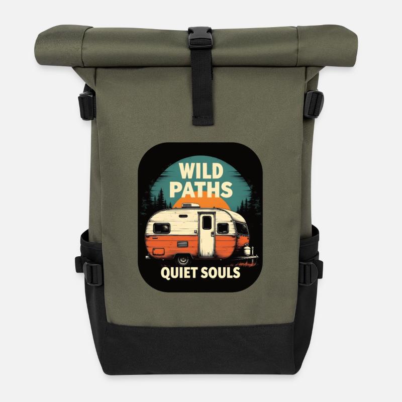 Camping live - Wild Paths Quiet Souls Camper Art - Roll Top Backpack - olive/black