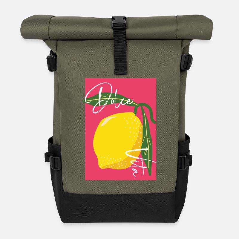Zitrone mit Dolce Vita Handcrafted Schrift - Rolltop Rucksack - Olive/Schwarz