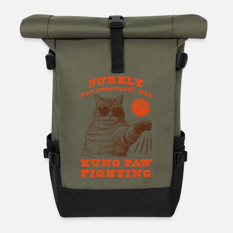 Kung Paw Fighting Funny Chonky Cat - Roll Top Backpack - olive/black