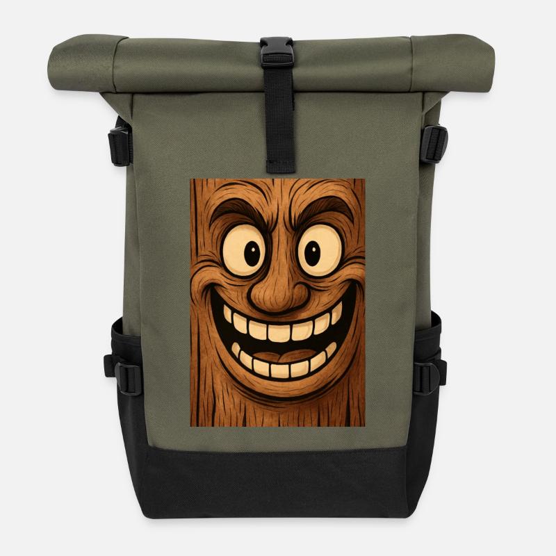 Wooden Masks Smiling Grimace - Roll Top Backpack - olive/black