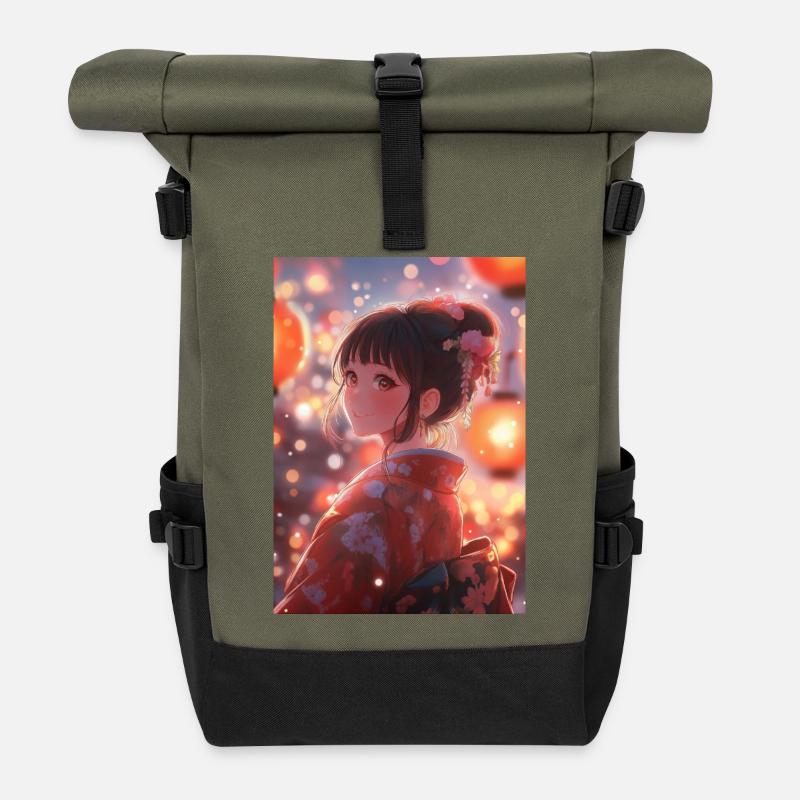 Kimono Blooming Bright Lanterns - Roll Top Backpack - olive/black