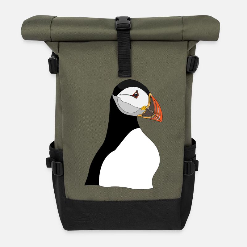 Puffin Head Print - Rolltop Rucksack - Olive/Schwarz