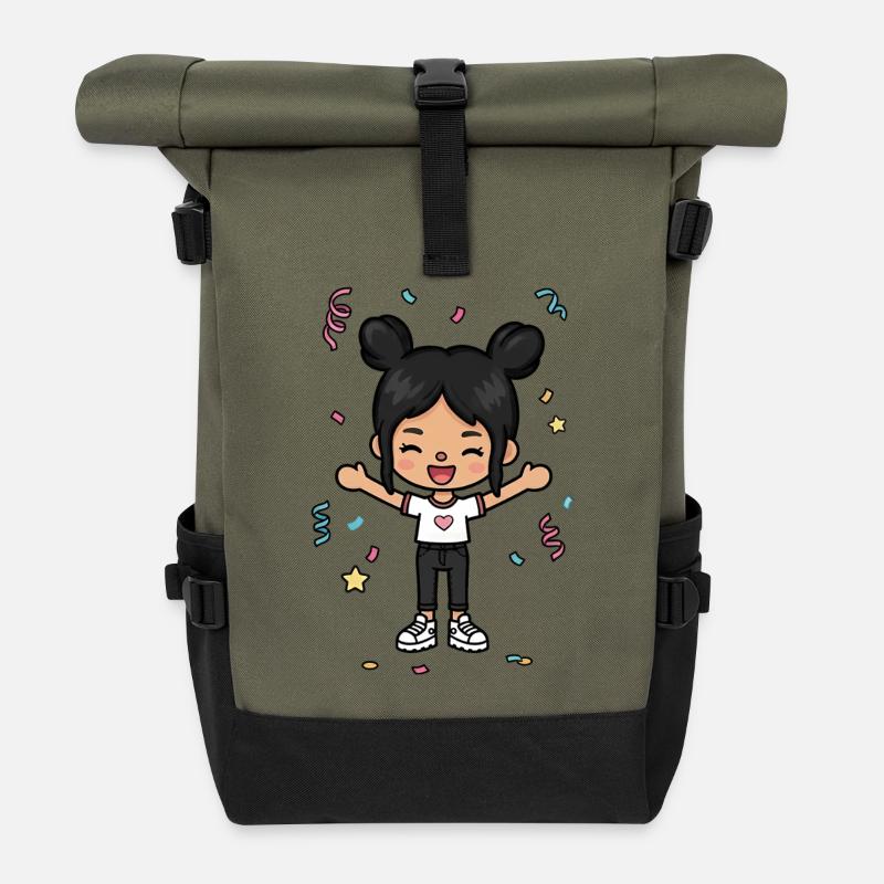 Fröhliches Toca Mädchen mit Herzshirt - Rolltop Rucksack - Olive/Schwarz