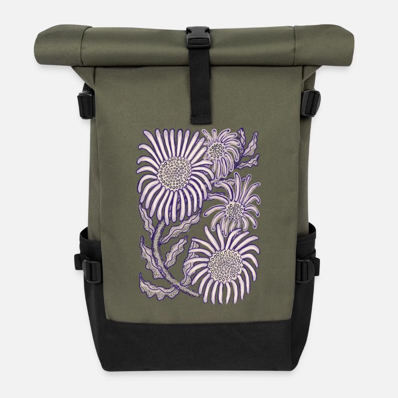 Lila Glättchen-Botanische Strichkunst - Rolltop Rucksack - Olive/Schwarz