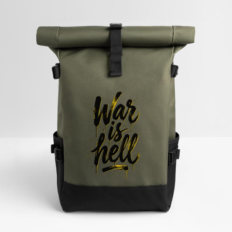 Yellow Graffiti Brush Script on Black War is hell Roll Top Backpack