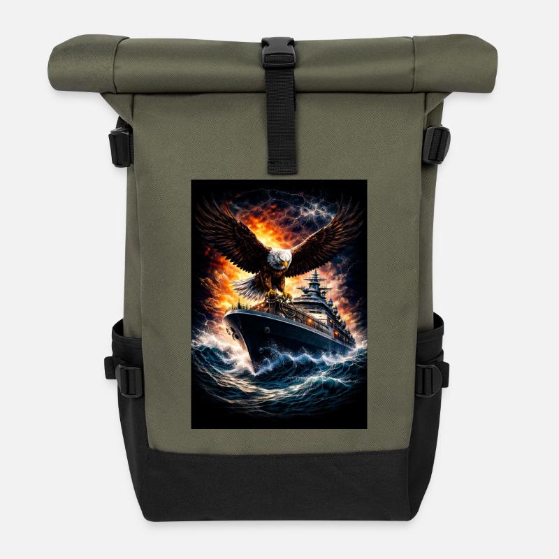 Adler auf Schiff im Sturm - Rolltop Rucksack - Olive/Schwarz