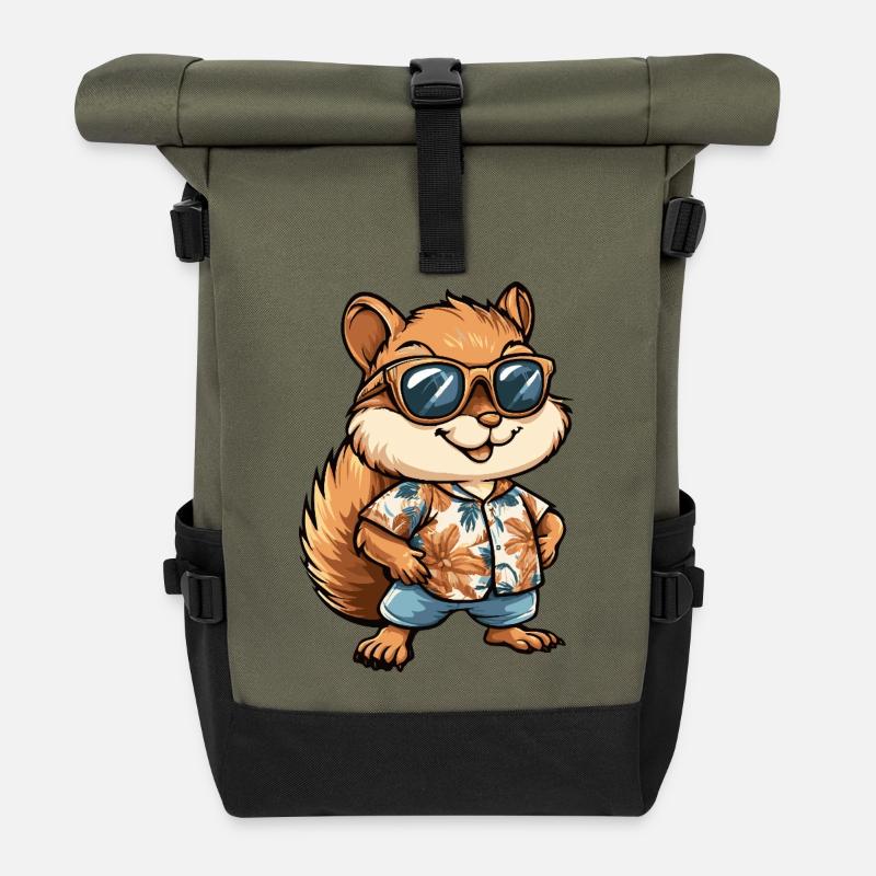 Squirrel Comic Holiday - Roll Top Backpack - olive/black