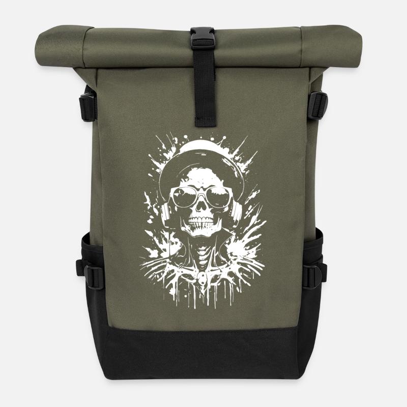 Skull DJ with headphones & skull glasses - Roll Top Backpack - olive/black