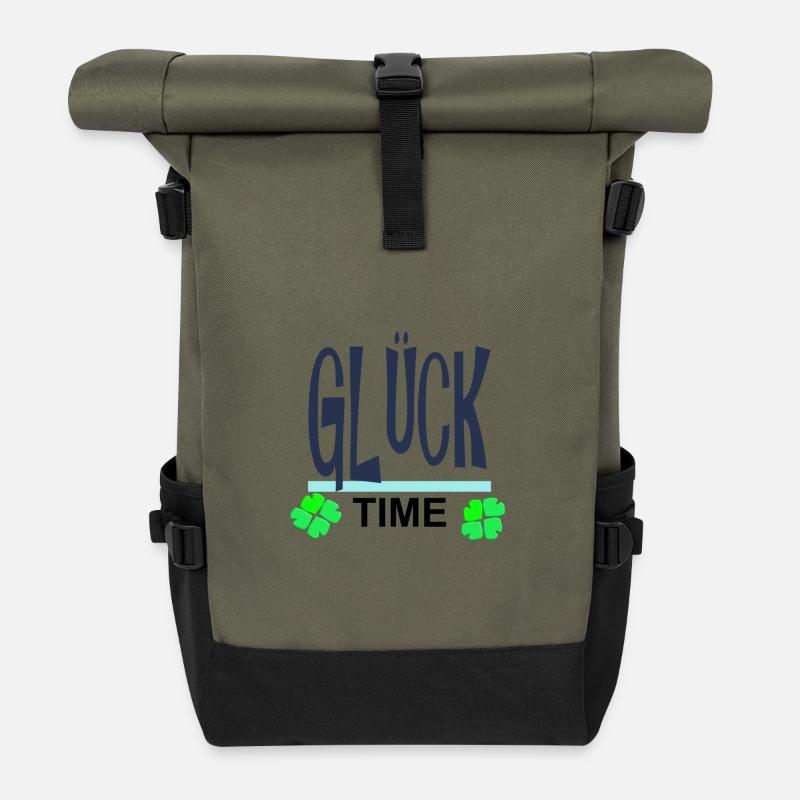 Glück-Time Neon mit Kleeblättern - Rolltop Rucksack - Olive/Schwarz