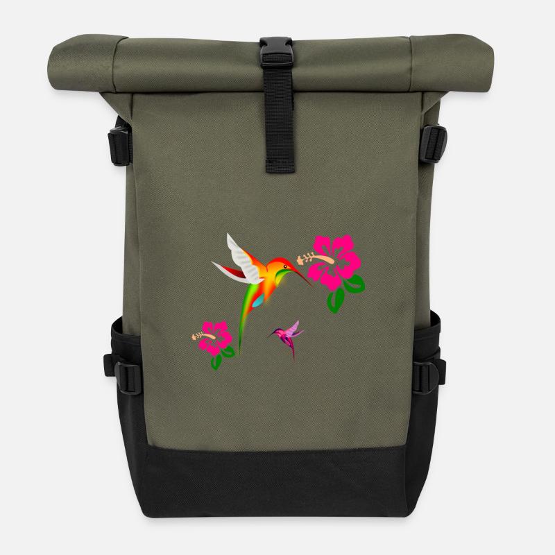 Colorful hummingbird in hibiscus duet - Roll Top Backpack - olive/black