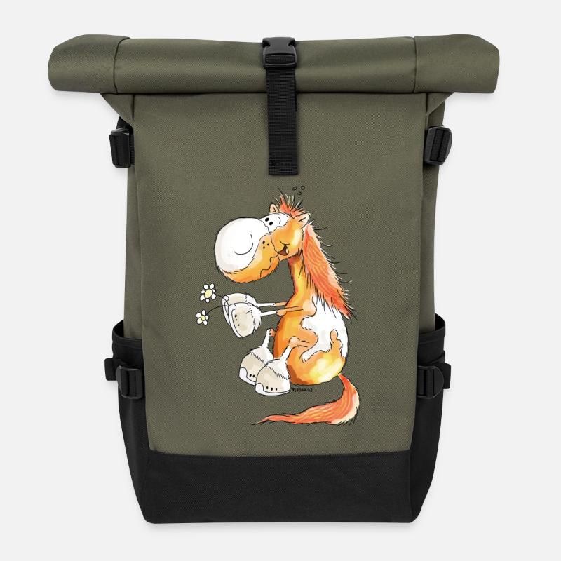 Pferd mit Blume - Pferde - Pony - Fuchs - Geschenk - Rolltop Rucksack - Olive/Schwarz