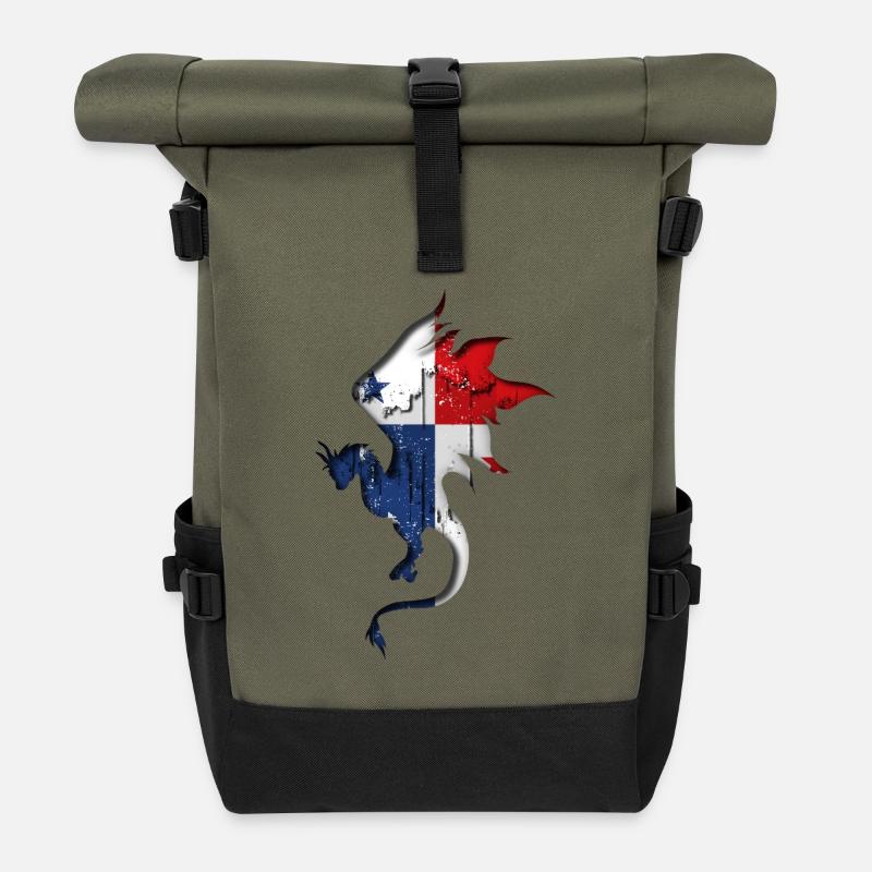 Panama Flag - Dragon Silhouette - Roll Top Backpack - olive/black