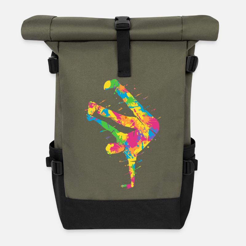 Breakdancing Bunt Breakdancer Jungen Breakdance - Rolltop Rucksack - Olive/Schwarz