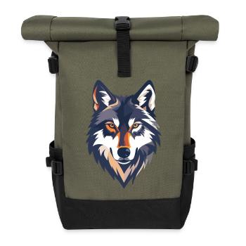 Wolfskopf Illustration starkes cooles Wolf Motiv - Rolltop Rucksack - Olive/Schwarz - Vorne