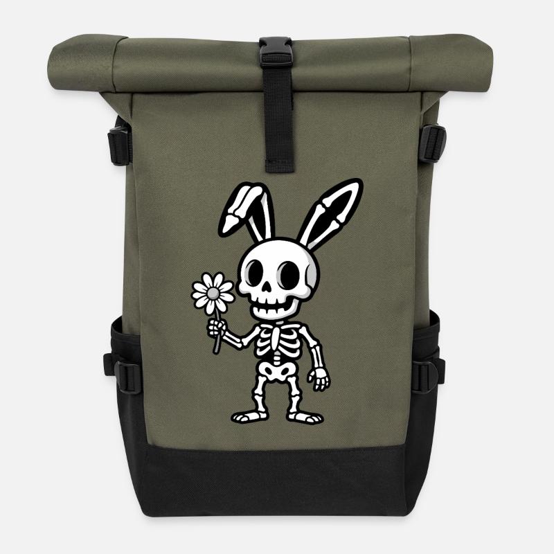 Skeletthase mit Blume - Rolltop Rucksack - Olive/Schwarz