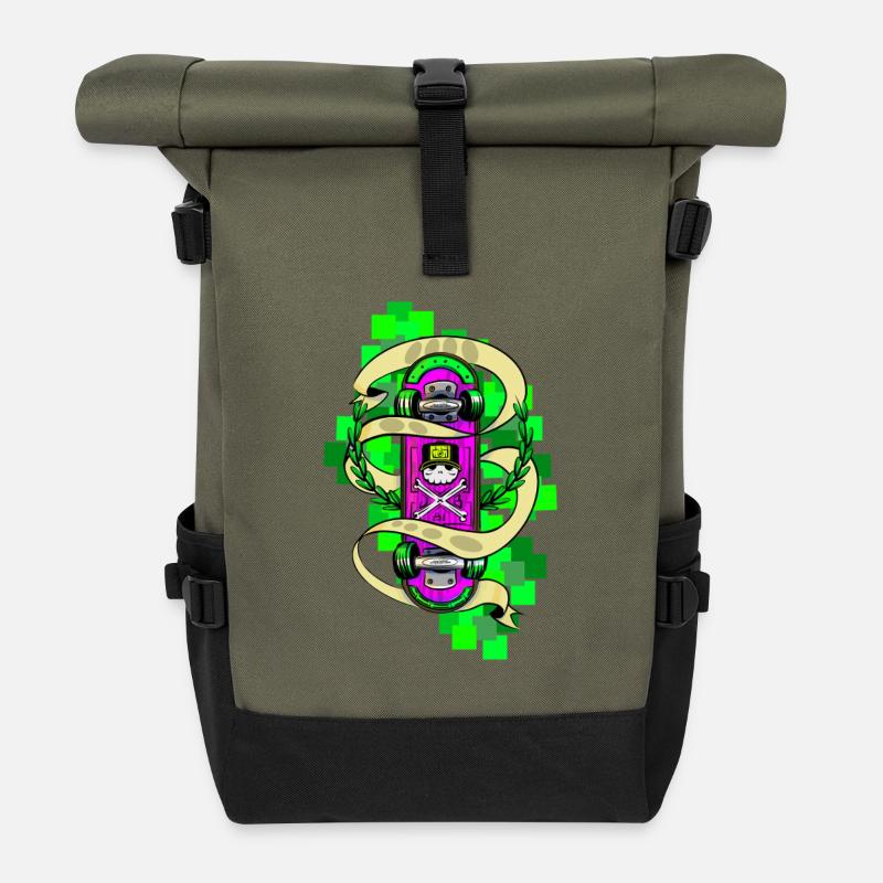 Neon Skull Skateboard Graffiti - Rolltop Rucksack - Olive/Schwarz