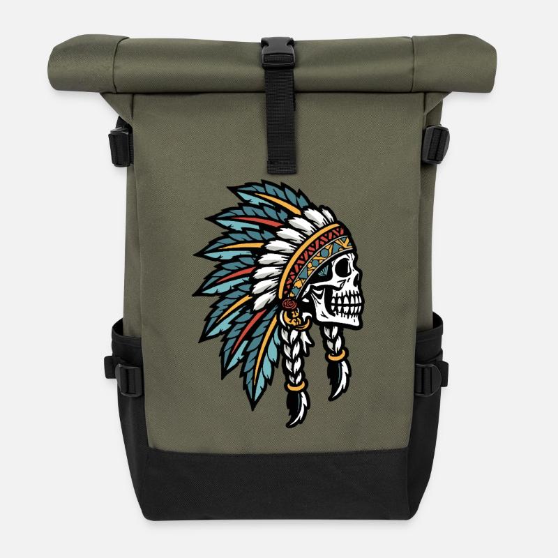 Skull Headdress Tribal Tattoo - Roll Top Backpack - olive/black