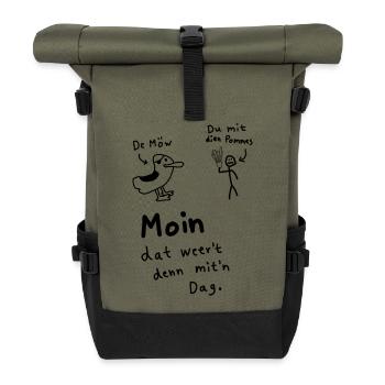Pommes Deev Möw – Lustiger Plattdeutsch Spruch Möw - Rolltop Rucksack - Olive/Schwarz - Vorne