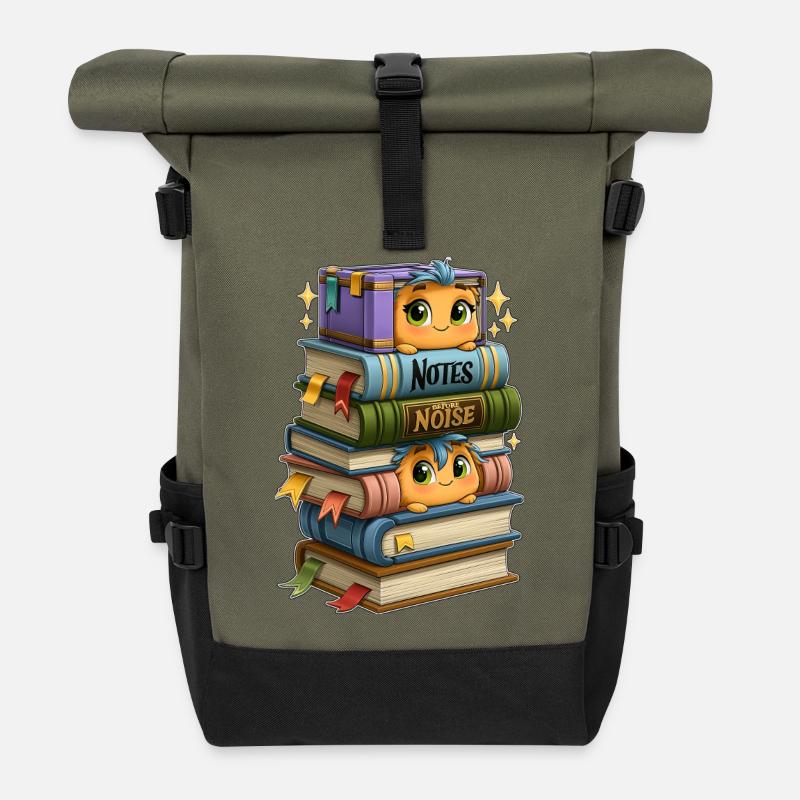 Book Stack with Birds - Roll Top Backpack - olive/black