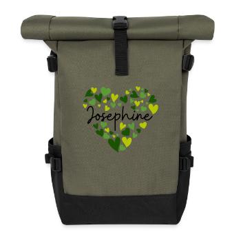 Josephine Namensdesign mit herzförmigem grünem Ohr - Rolltop Rucksack - Olive/Schwarz - Vorne