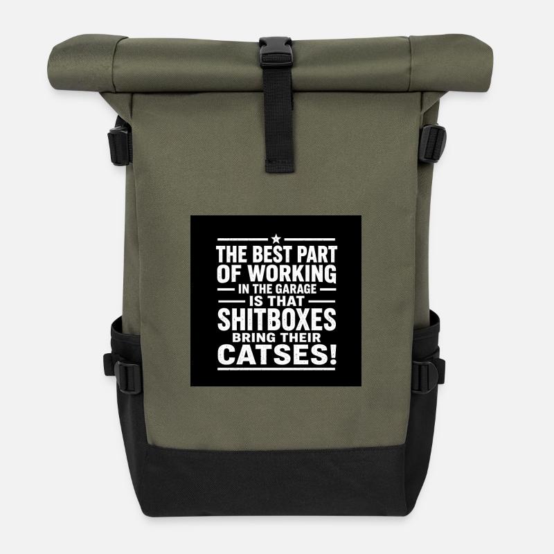 Garage Katzen-Spruch - Rolltop Rucksack - Olive/Schwarz