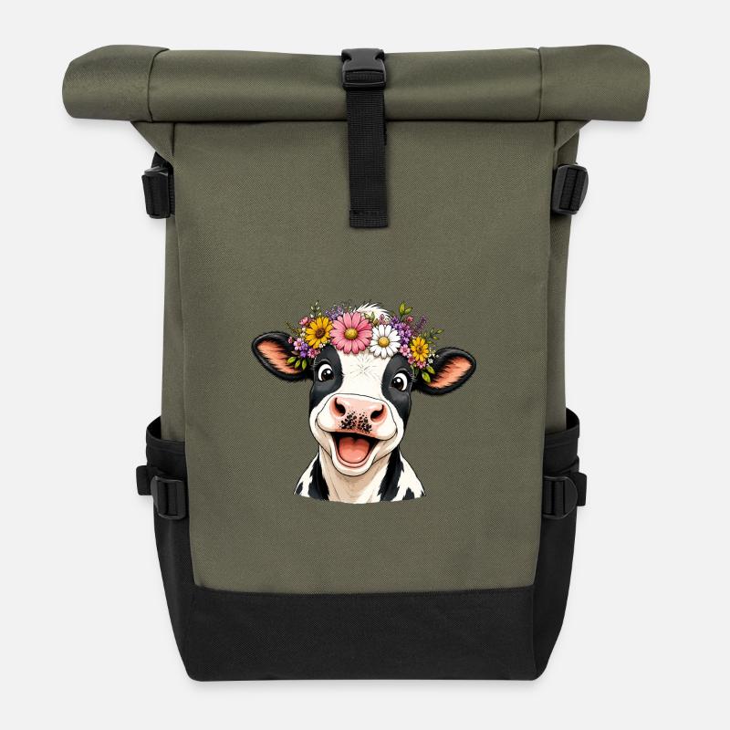 Kuh mit Blumenkranz - Rolltop Rucksack - Olive/Schwarz