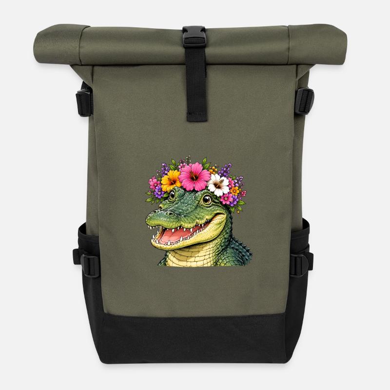 Crocodile with floral decoration - Roll Top Backpack - olive/black