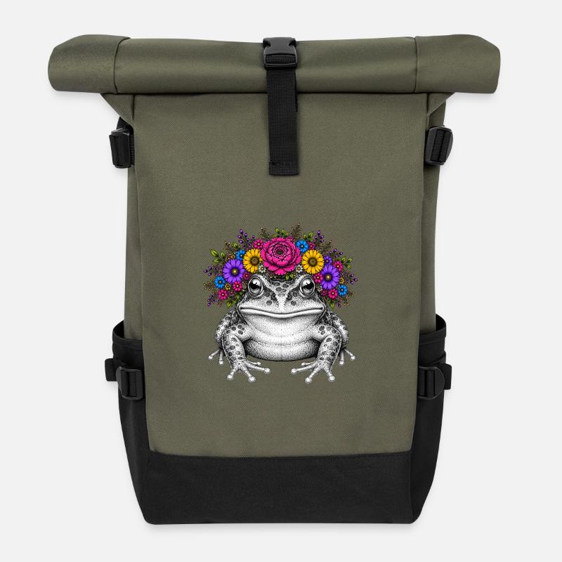 Frosch mit Blütenkrone - Rolltop Rucksack - Olive/Schwarz