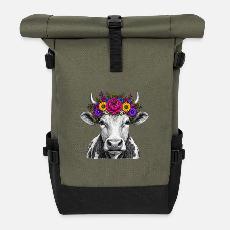 Cow with flower crown - Roll Top Backpack - olive/black