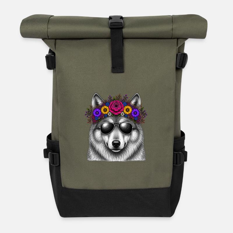 Wolf mit Blütenkranz und Sonnenbrille - Rolltop Rucksack - Olive/Schwarz