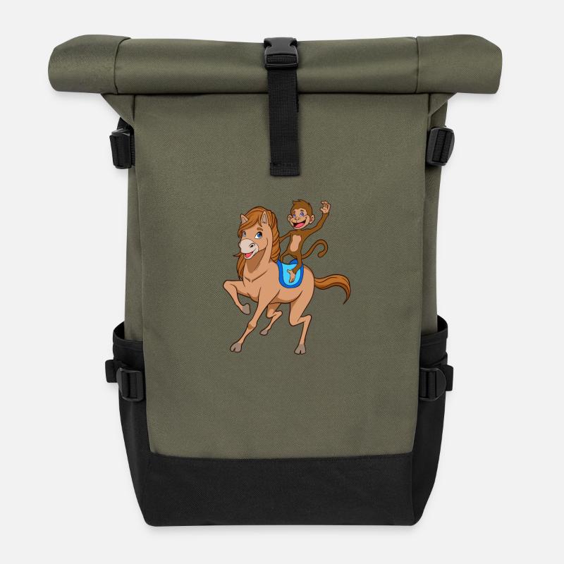 Comic Affe reitet auf Pferd - Rolltop Rucksack - Olive/Schwarz